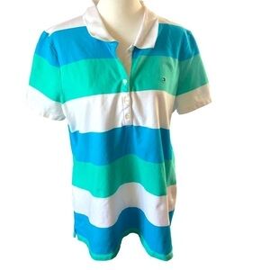 Tommy Hilfiger Rugby Polo Shirt Women L XL Blue Green White Stripes